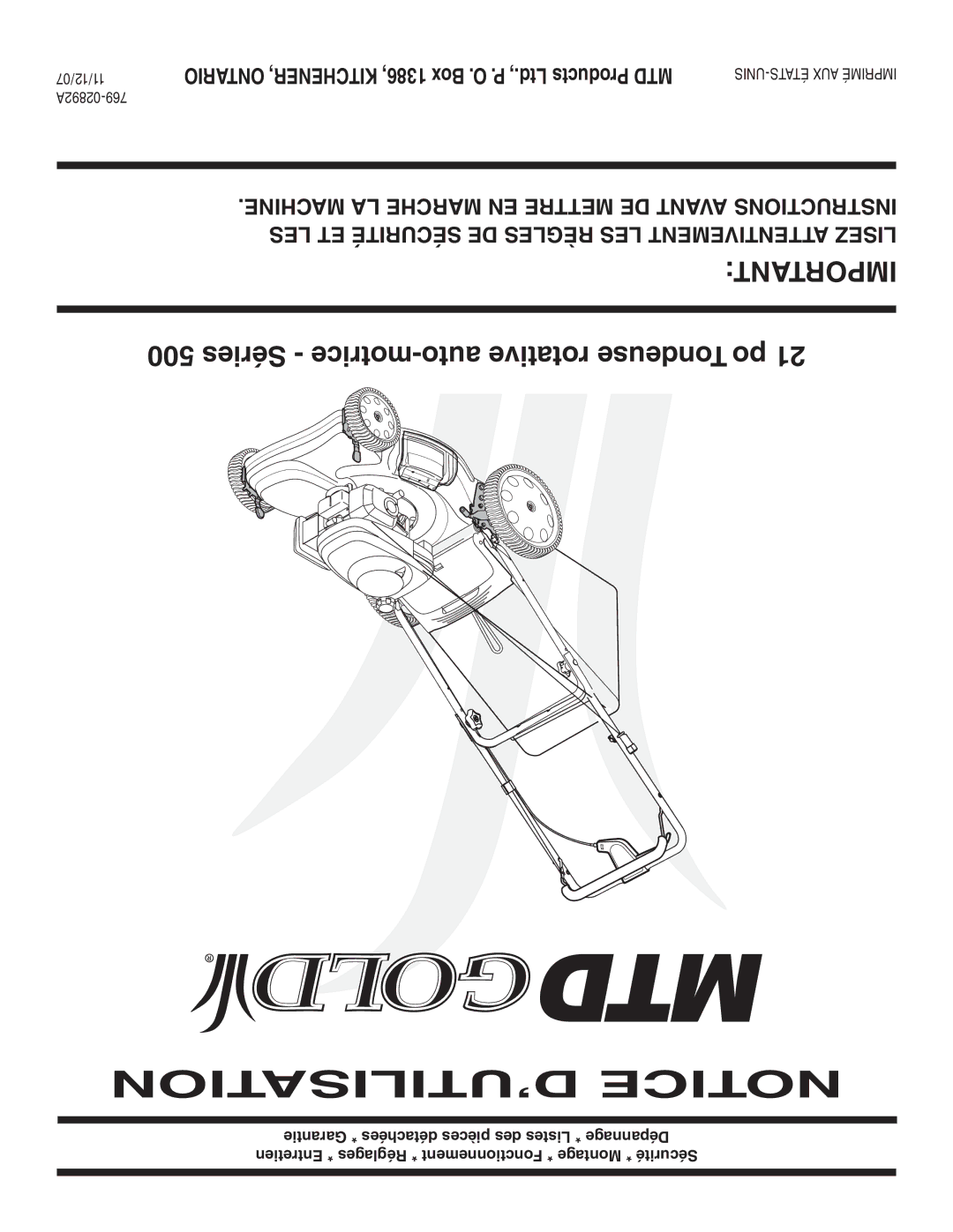 MTD 500 Series warranty ’UTILISATION Notice, Important 5 Séries motrice-auto rotative Tondeuse po 