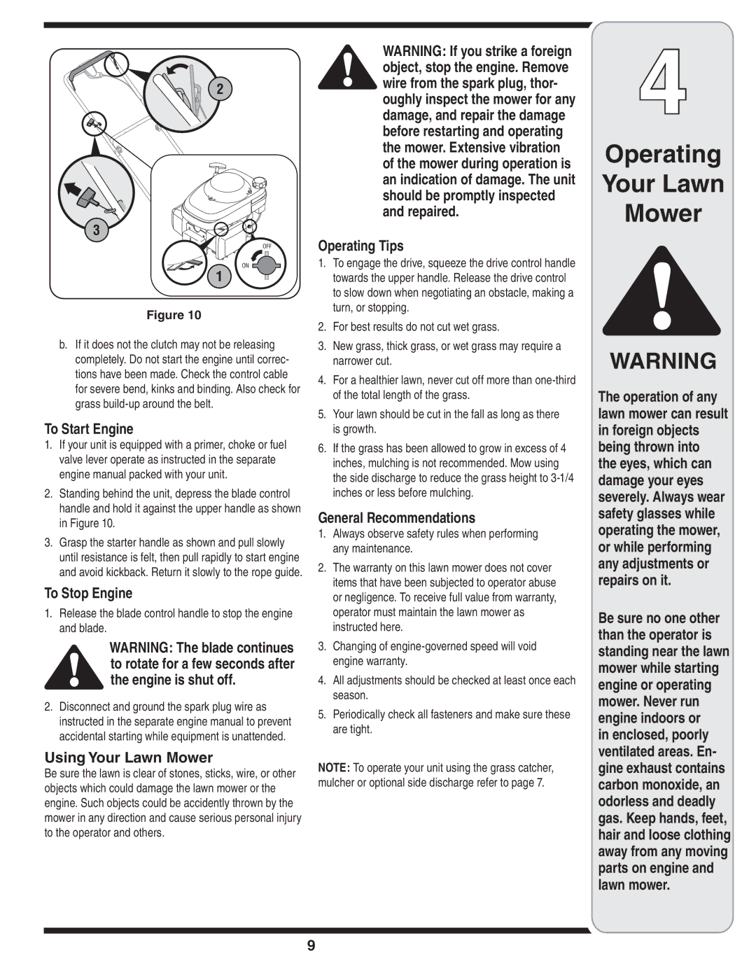 MTD 500 Series warranty To Start Engine, To Stop Engine, Using Your Lawn Mower, Operating Tips, General Recommendations 