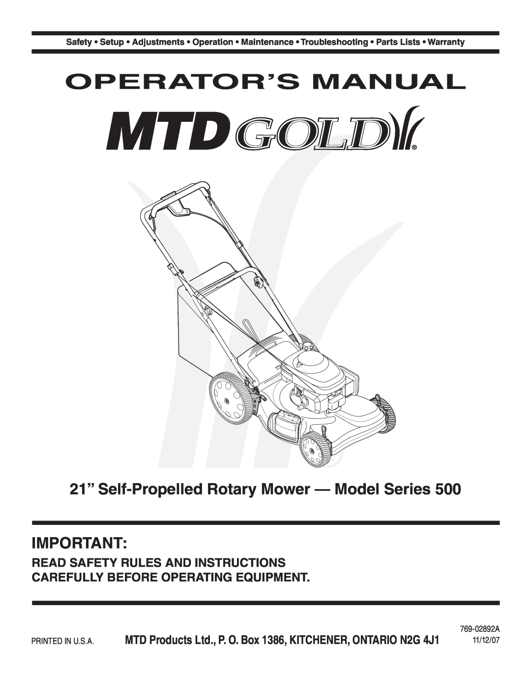MTD 500 Series warranty Operator’S Manual, 21” Self-Propelled Rotary Mower - Model Series 
