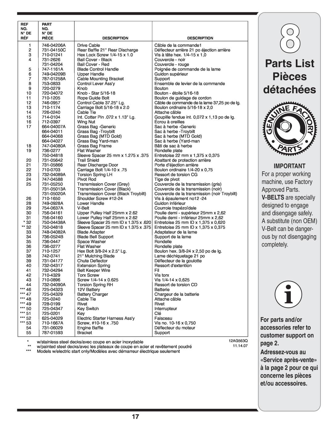 MTD 500 Series warranty Parts List Pièces détachées, Adressez-vous au «Service après-vente», 12AG563Q, 11.14.07 