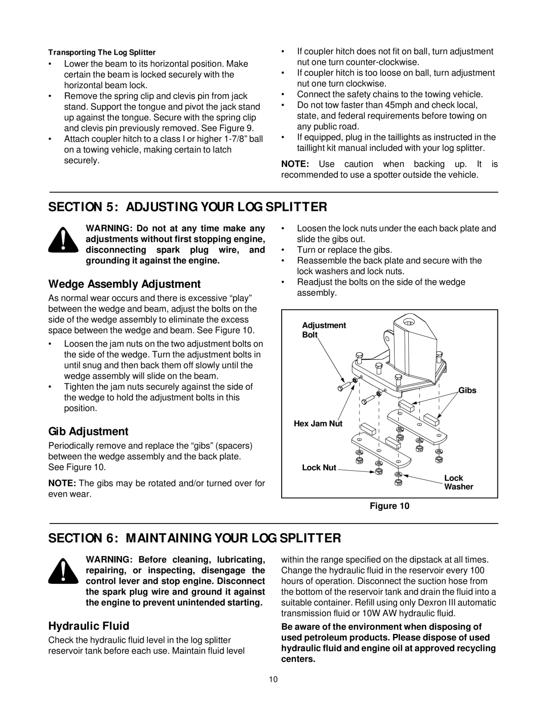 MTD 500 thru 510 Adjusting Your LOG Splitter, Maintaining Your LOG Splitter, Wedge Assembly Adjustment, Gib Adjustment 