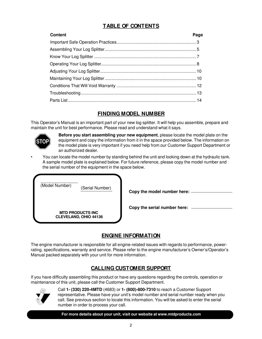 MTD 500 thru 510 manual Table of Contents 