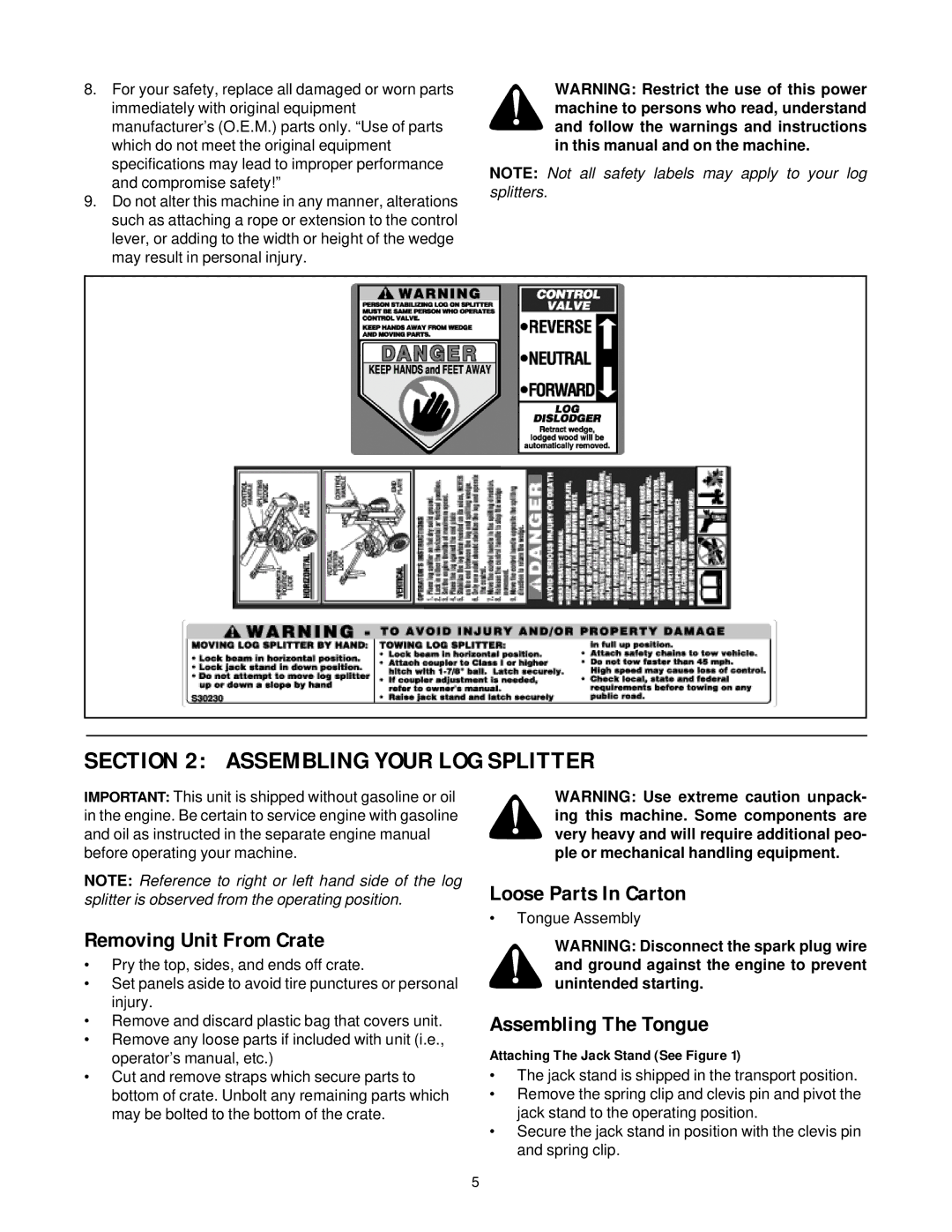 MTD 500 thru 510 Assembling Your LOG Splitter, Removing Unit From Crate, Loose Parts In Carton, Assembling The Tongue 