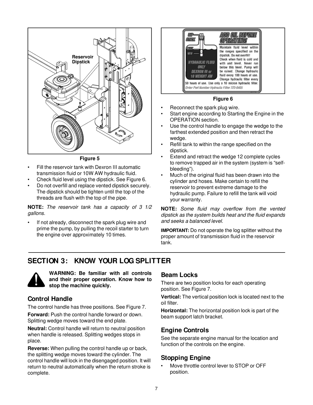 MTD 500 thru 510 manual Know Your LOG Splitter, Control Handle, Beam Locks, Engine Controls, Stopping Engine 