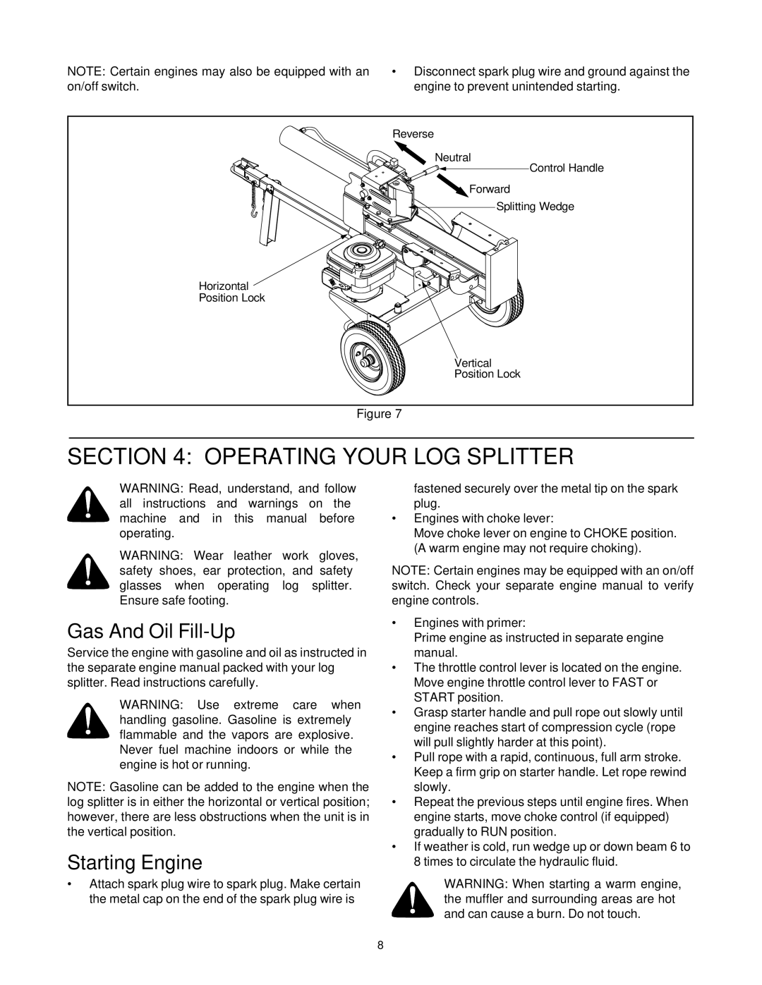 MTD 500 thru 510 manual Operating Your LOG Splitter, Gas And Oil Fill-Up, Starting Engine, Engines with choke lever 