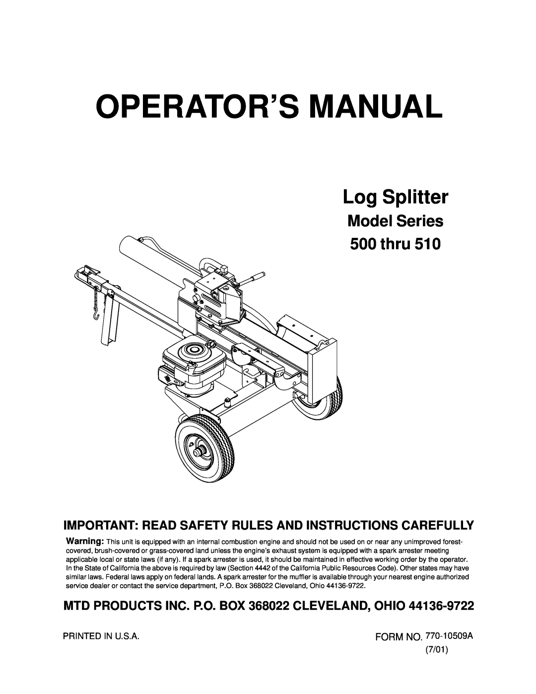 MTD 500 thru 510 manual Operator’S Manual, Log Splitter, Model Series 500 thru 