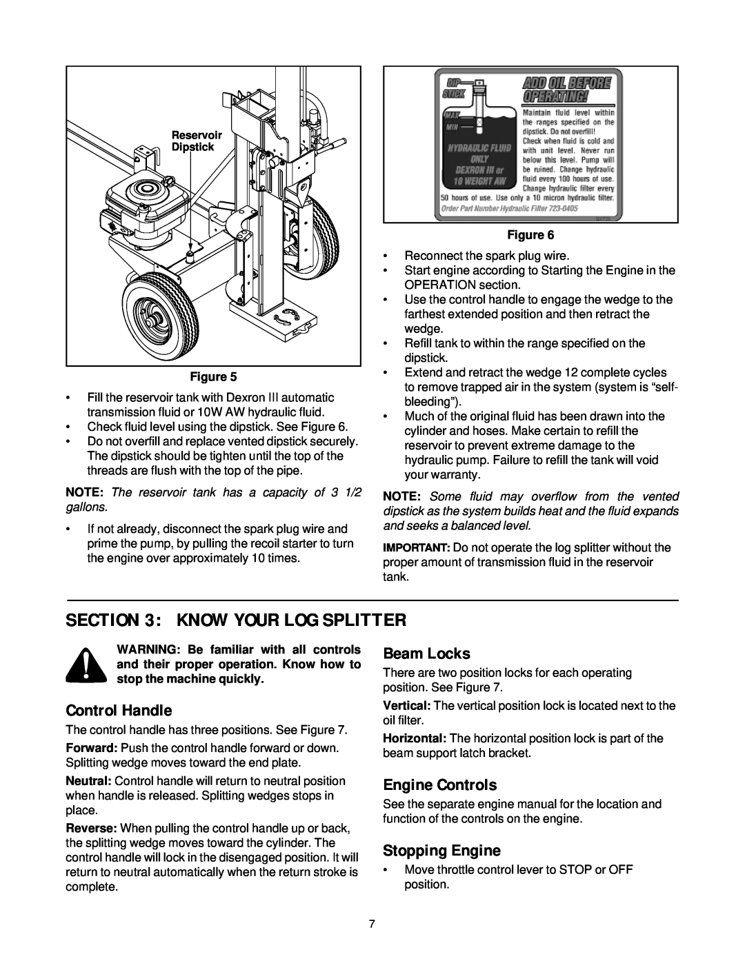 MTD 500 thru 510 manual Know Your Log Splitter, Control Handle, Beam Locks, Engine Controls, Stopping Engine 