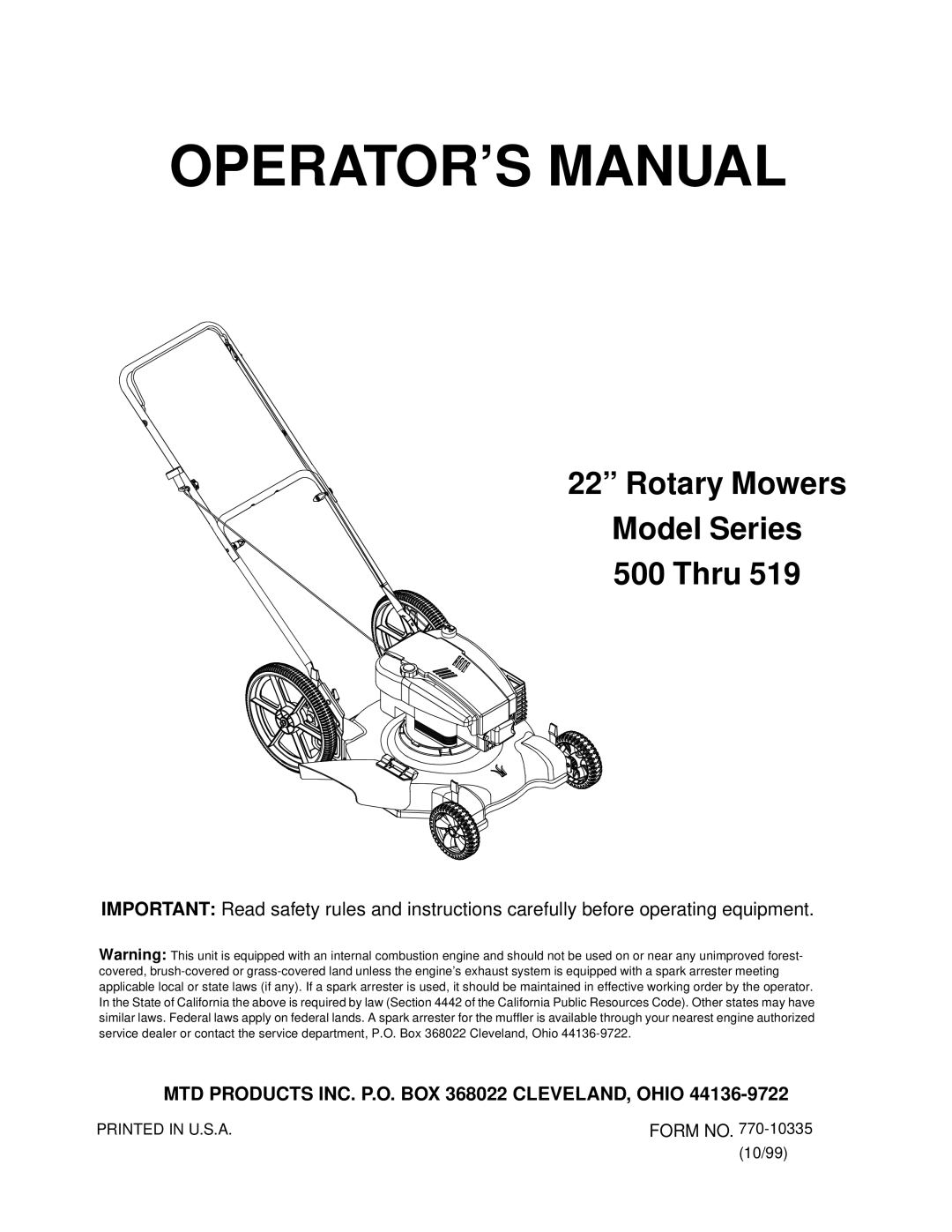 MTD 500 Thru 519 manual OPERATOR’S Manual 