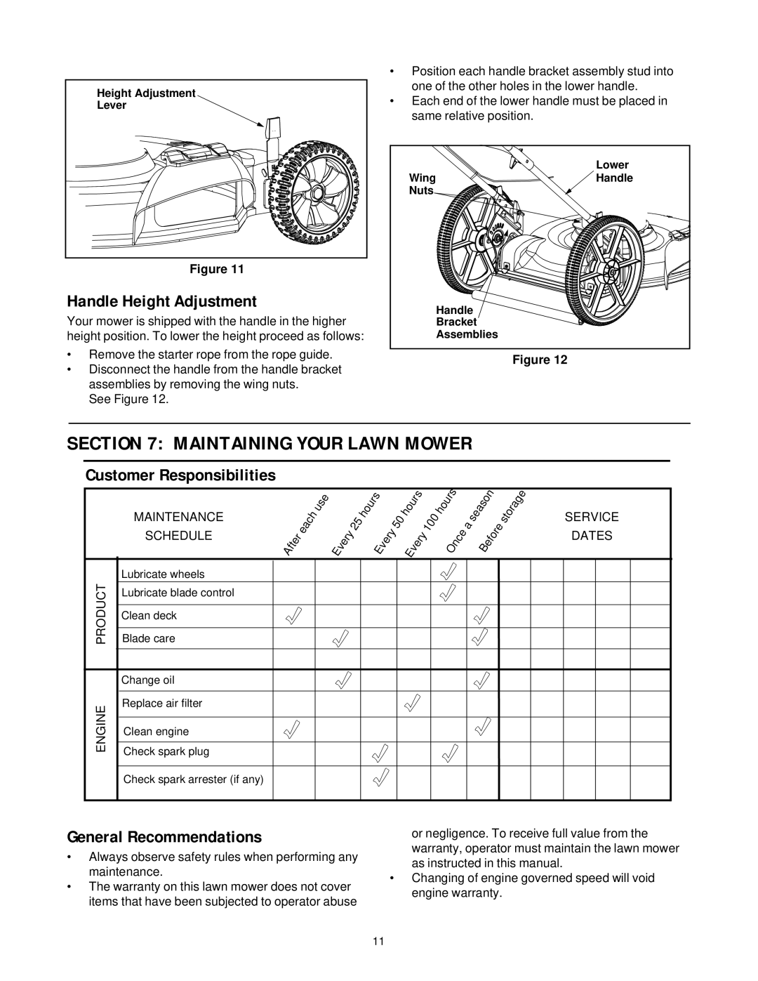 MTD 500 Thru 519 manual Handle Height Adjustment, Customer Responsibilities, General Recommendations 