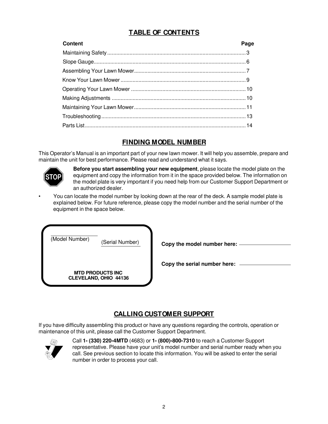 MTD 500 Thru 519 manual Table of Contents 