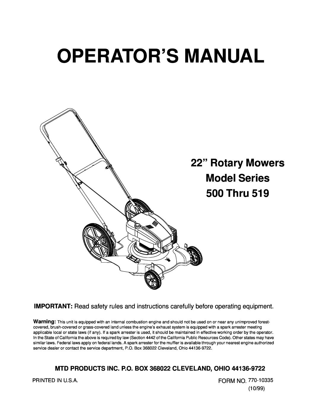 MTD 500 Thru 519 manual MTD PRODUCTS INC. P.O. BOX 368022 CLEVELAND, OHIO, Operator’S Manual 