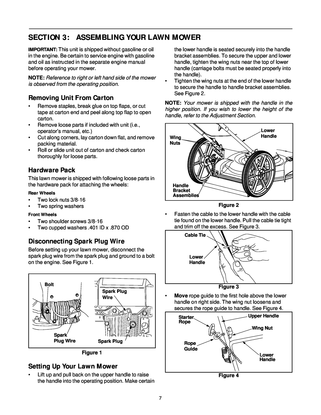 MTD 500 Thru 519 manual Assembling Your Lawn Mower, Removing Unit From Carton, Hardware Pack, Disconnecting Spark Plug Wire 