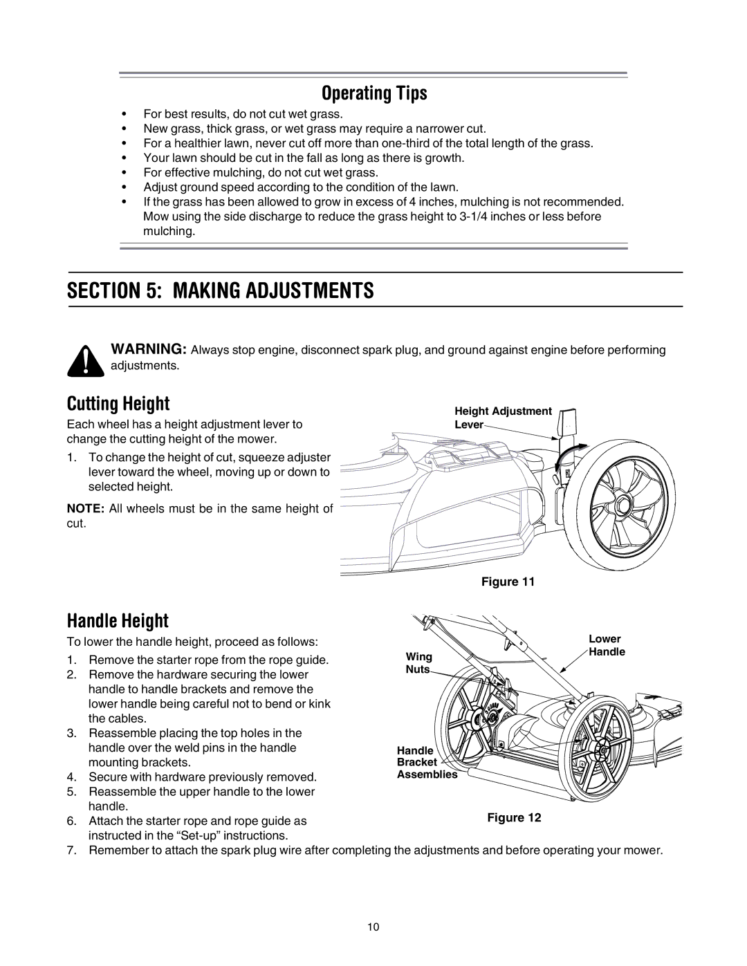 MTD 503 manual Making Adjustments, Operating Tips, Cutting Height, Handle Height 