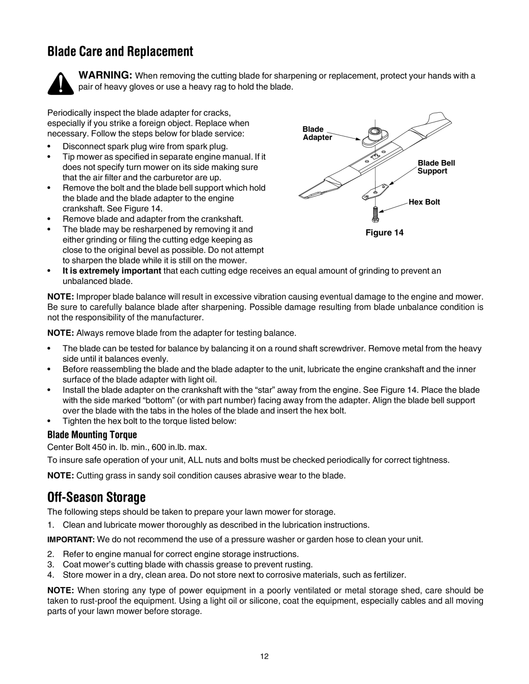 MTD 503 manual Blade Care and Replacement, Off-Season Storage, Blade Mounting Torque 