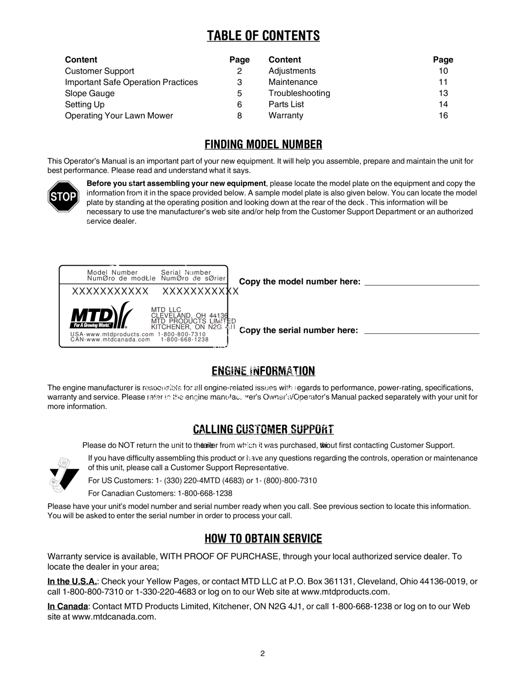 MTD 503 manual Table of Contents 