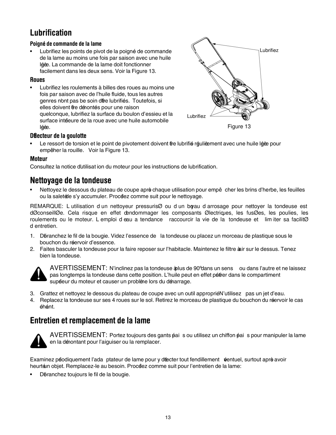 MTD 503 manual Lubrification, Lame la de remplacement et Entretien, Tondeuse la de Nettoyage 