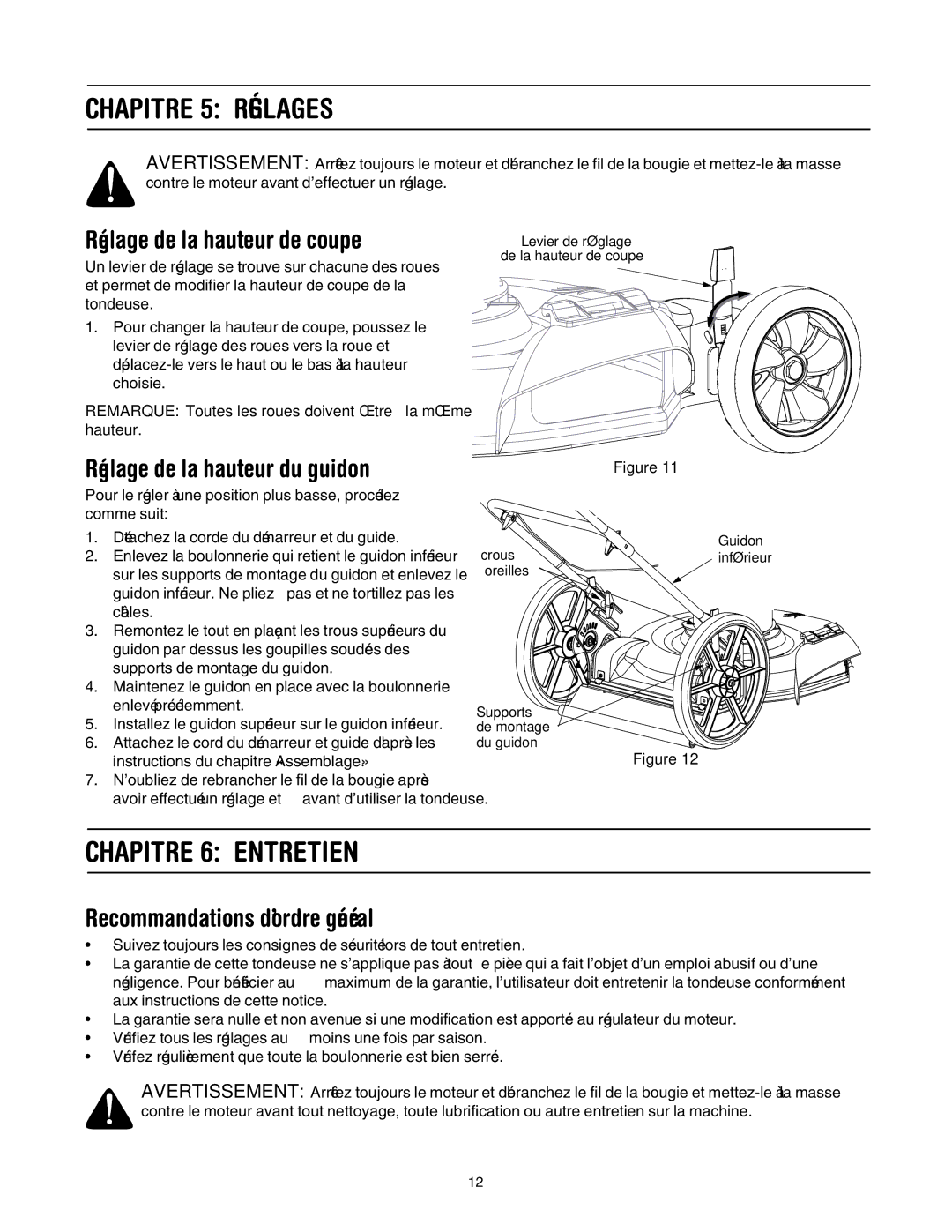 MTD 503 manual Réglages 5 Chapitre, Entretien 6 Chapitre, Général d’ordre Recommandations, Guidon du hauteur la de Réglage 