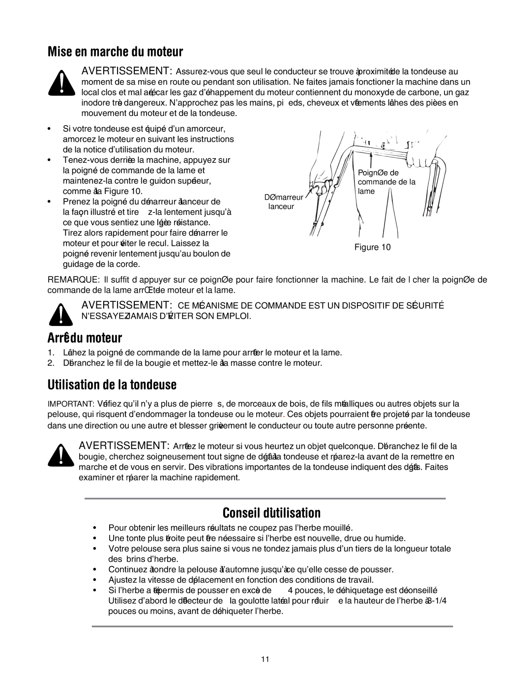 MTD 503 manual ’utilisation Conseil, Moteur du marche en Mise, Tondeuse la de Utilisation, Moteur du Arrêt 