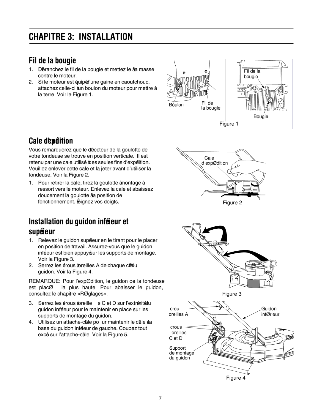 MTD 503 manual Installation 3 Chapitre, Supérieur, Et inférieur guidon du Installation, ’expédition Cale, Bougie la de Fil 