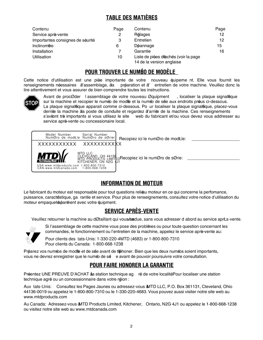 MTD 503 manual Garantie LA Honorer Faire Pour, Moteur DE Information, Matières DES Table 