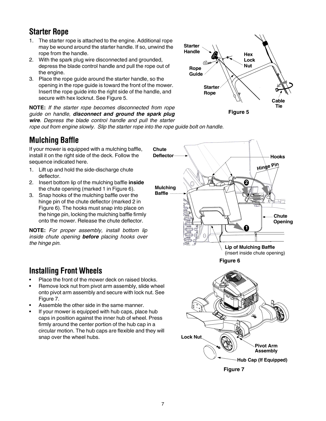 MTD 503 manual Starter Rope, Mulching Baffle, Installing Front Wheels 