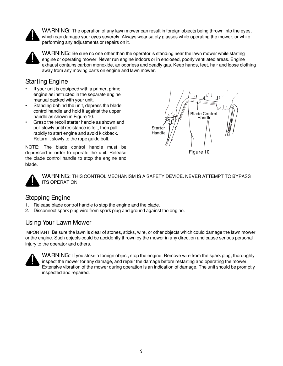 MTD 503 manual Starting Engine, Stopping Engine, Using Your Lawn Mower 