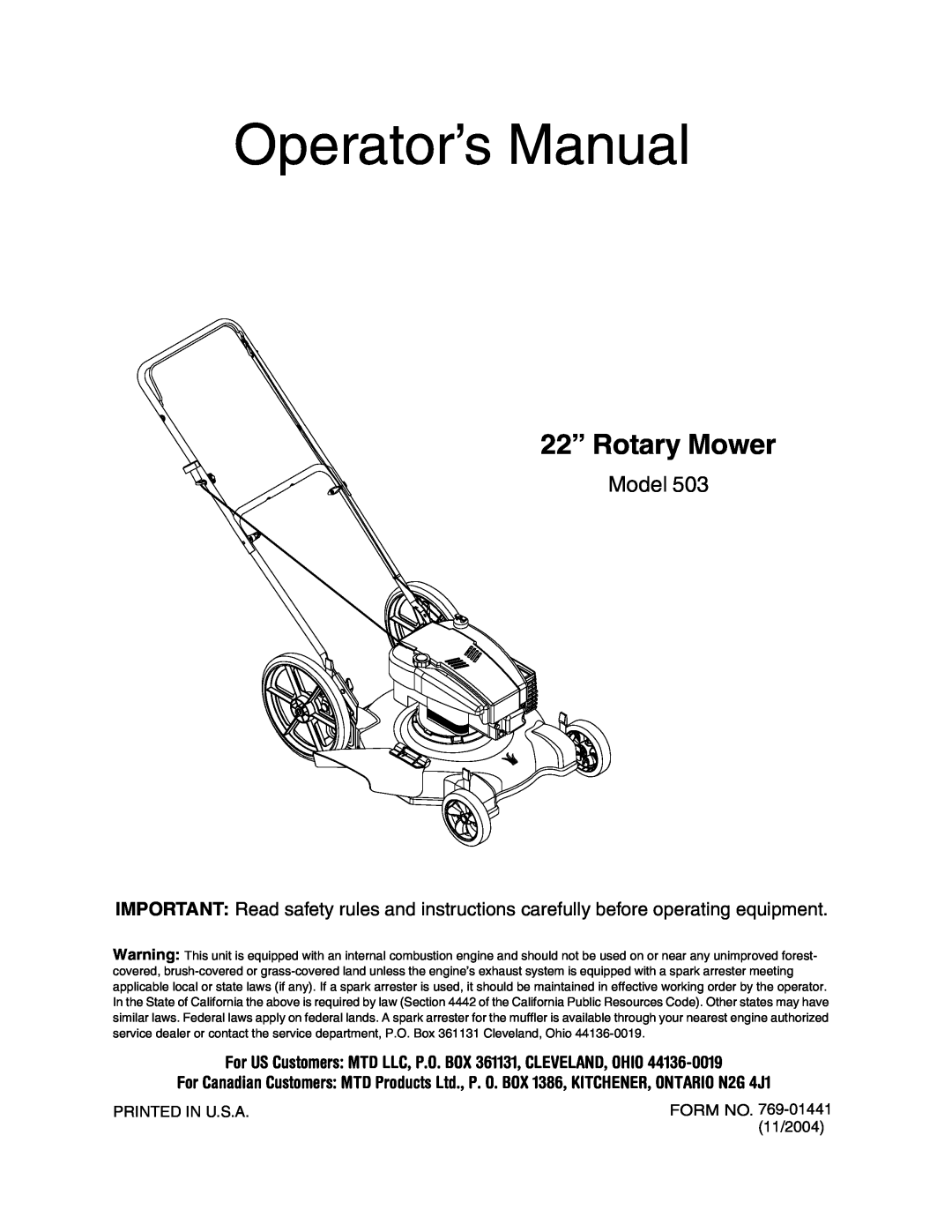 MTD 503 manual Operator’s Manual, 22” Rotary Mower, Model, For US Customers MTD LLC, P.O. BOX 361131, CLEVELAND, OHIO 