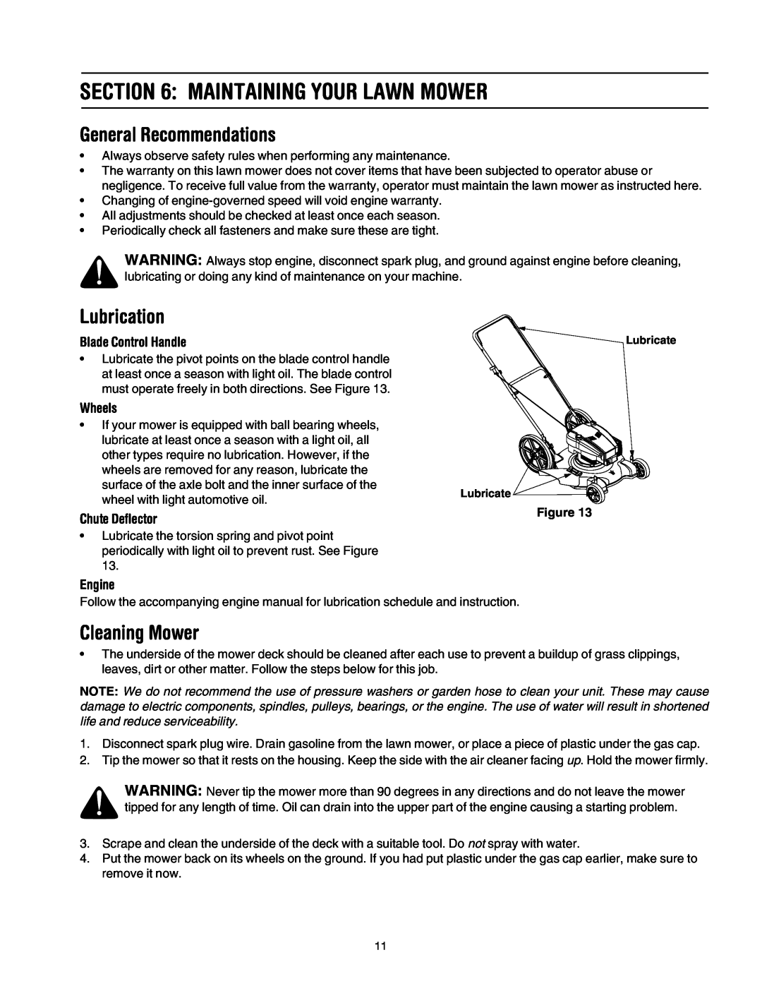 MTD 503 Maintaining Your Lawn Mower, General Recommendations, Lubrication, Cleaning Mower, Wheels, Chute Deflector, Engine 