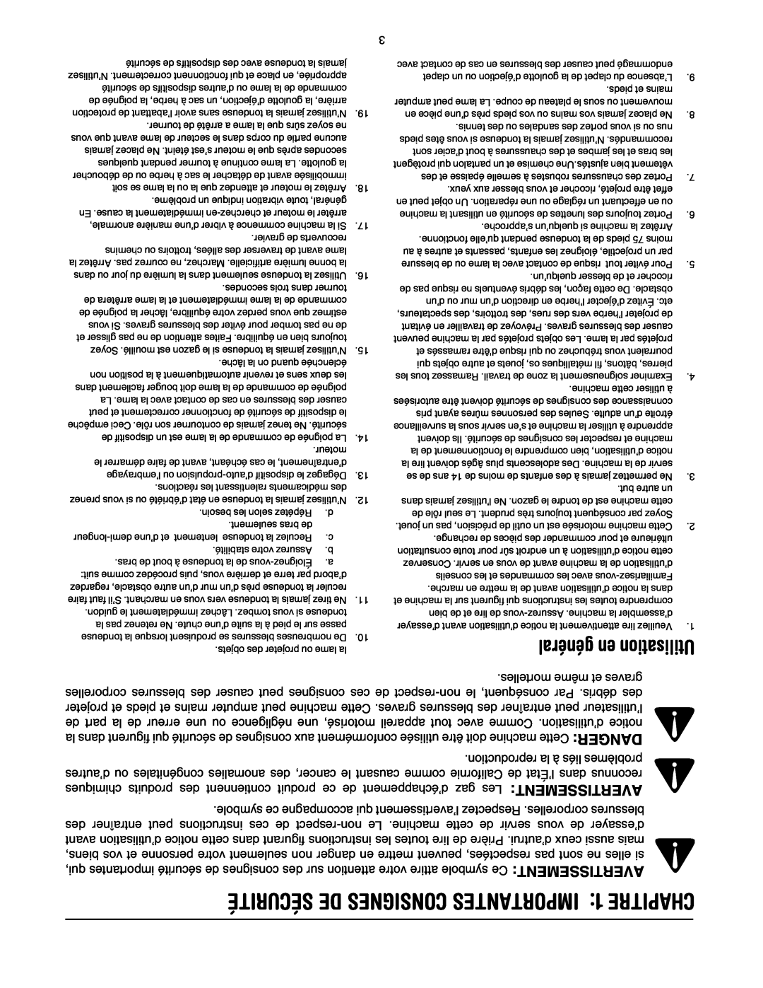 MTD 503 manual SÉCURITÉ DE CONSIGNES IMPORTANTES 1 CHAPITRE, général en Utilisation 