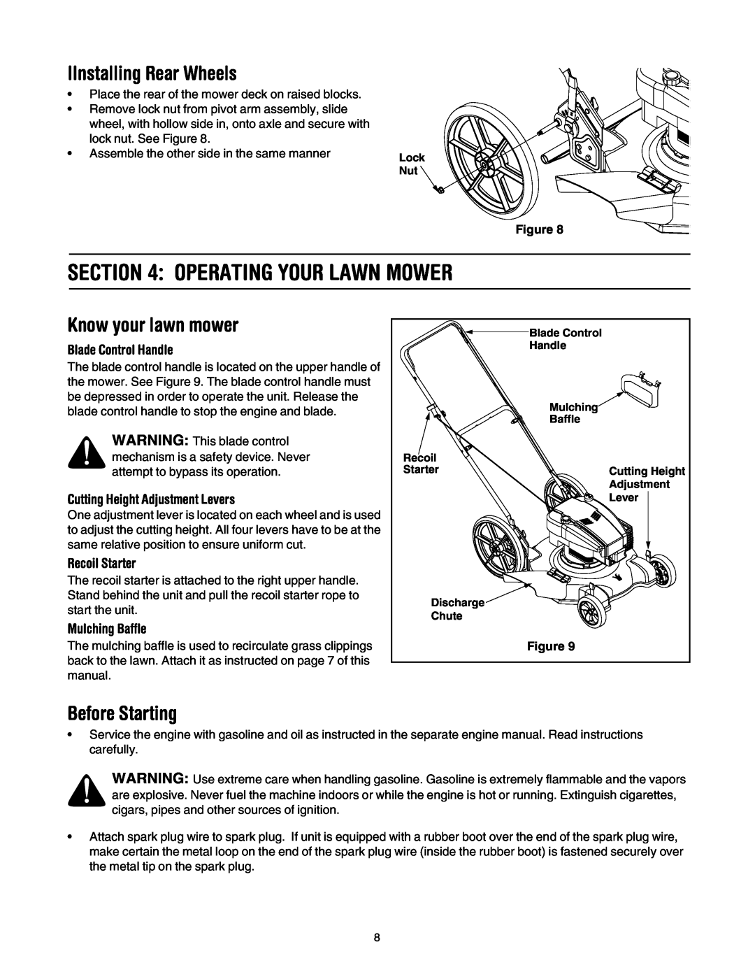 MTD 503 Operating Your Lawn Mower, IInstalling Rear Wheels, Know your lawn mower, Before Starting, Blade Control Handle 