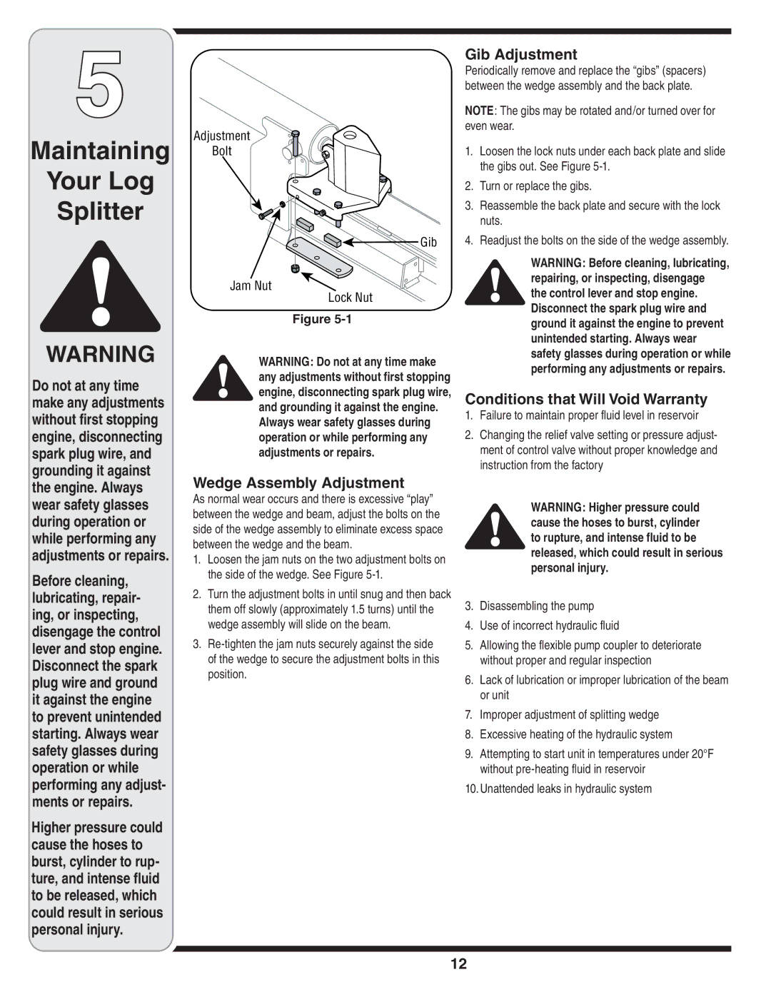 MTD 510 warranty Gib Adjustment, Wedge Assembly Adjustment, Conditions that Will Void Warranty 