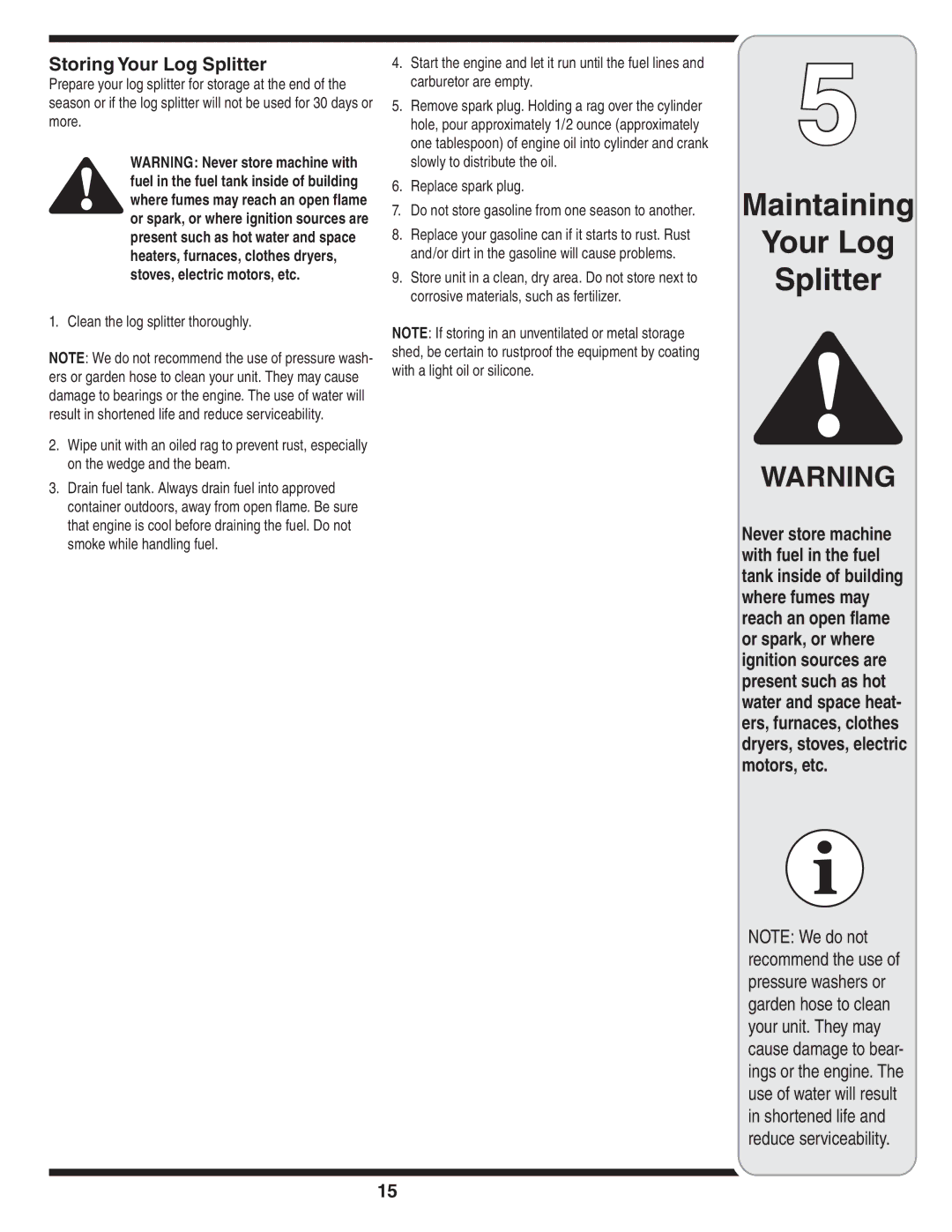 MTD 510 warranty Storing Your Log Splitter, Replace spark plug 