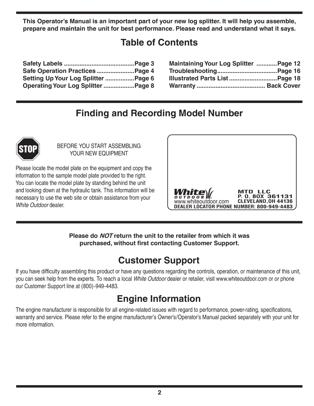 MTD 510 warranty Table of Contents, Finding and Recording Model Number, Customer Support Engine Information 