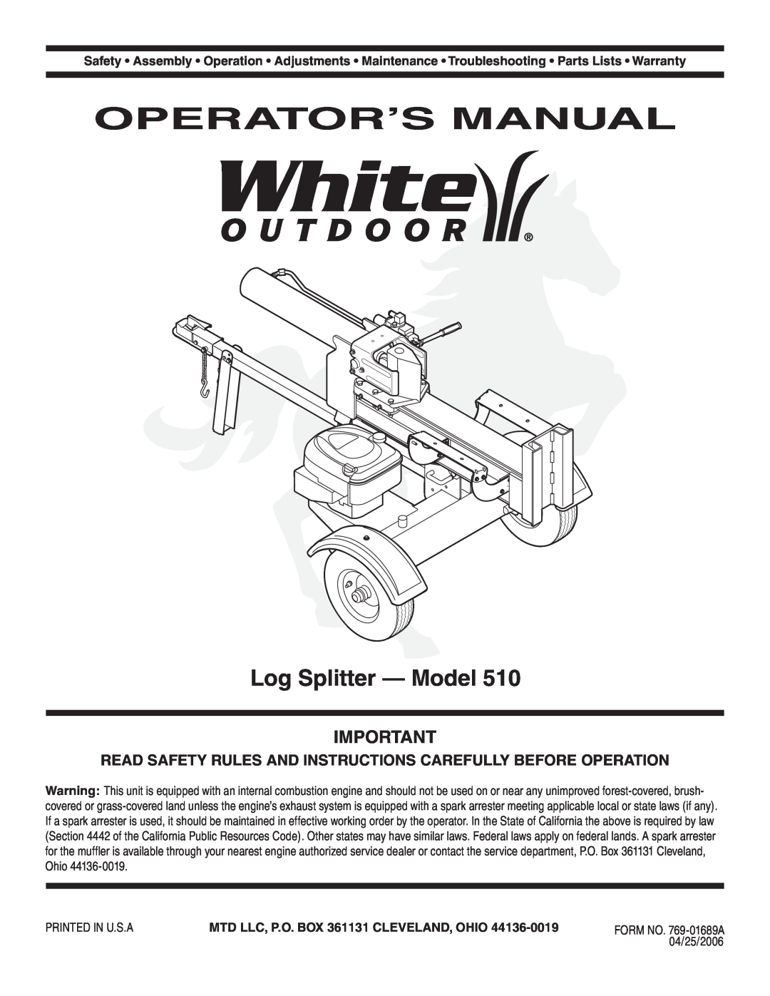 MTD 510 warranty Operator’S Manual, Log Splitter - Model, MTD LLC, P.O. BOX 361131 CLEVELAND, OHIO 