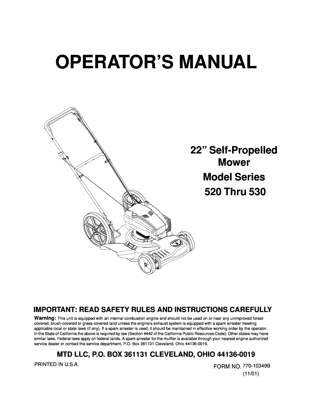 MTD manual Operator’S Manual, 22” Self-Propelled Mower Model Series 520 Thru, MTD LLC, P.O. BOX 361131 CLEVELAND, OHIO 