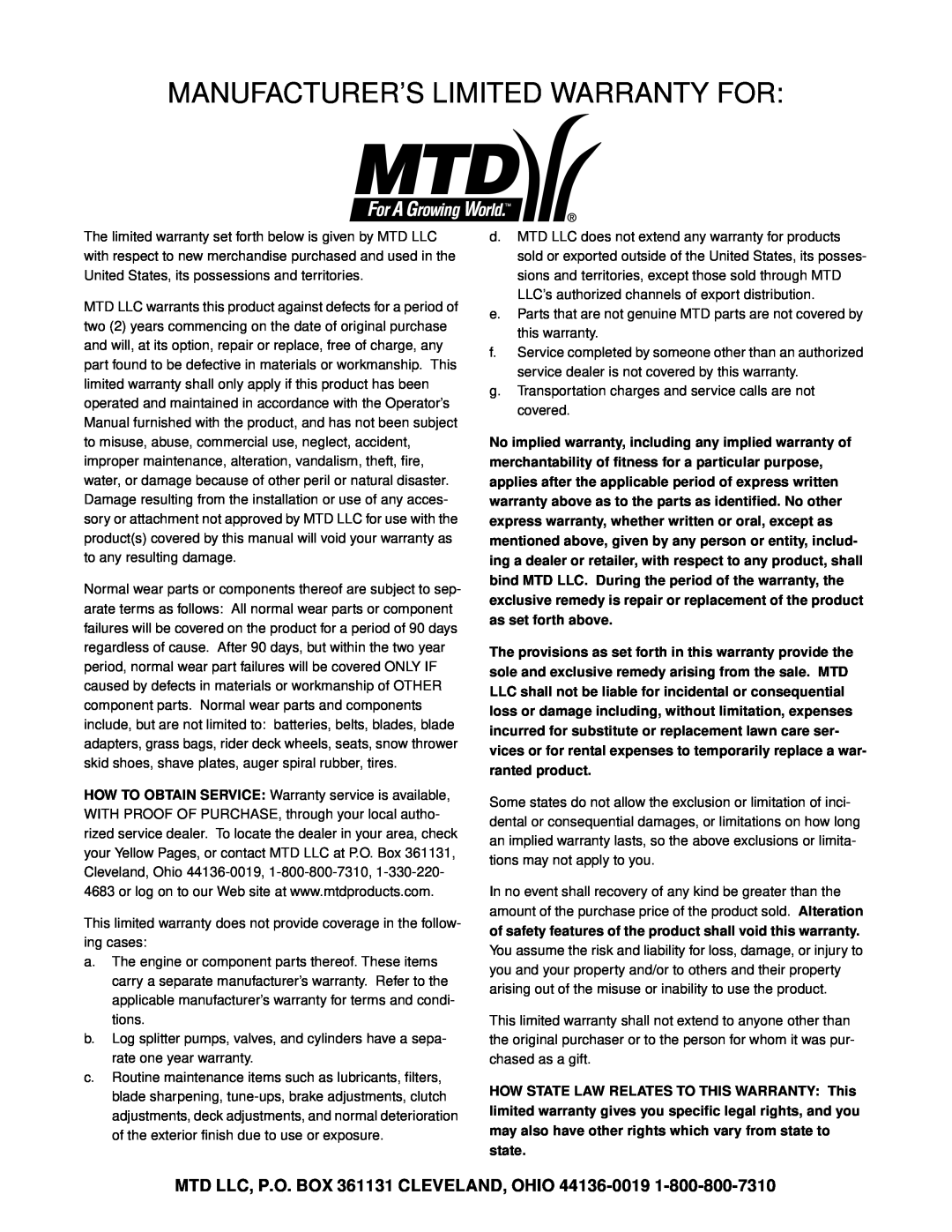 MTD 530, 520 manual Manufacturer’S Limited Warranty For, MTD LLC, P.O. BOX 361131 CLEVELAND, OHIO 44136-0019 