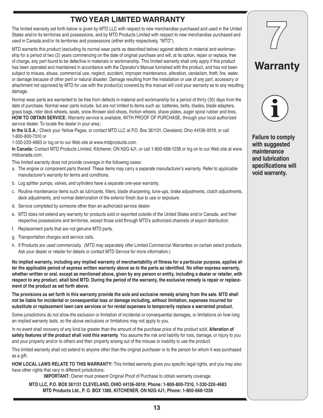 MTD 540-580 Series warranty TWO Year Limited Warranty 