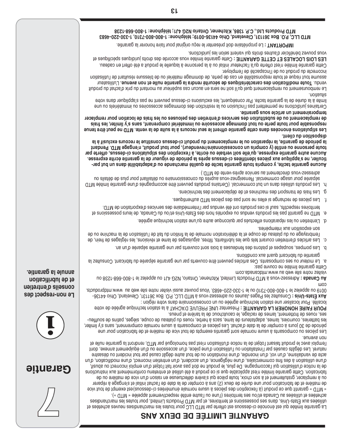 MTD 540-580 Series warranty Situation, Client du disposition, Com, Garantie sous article un temporairement 