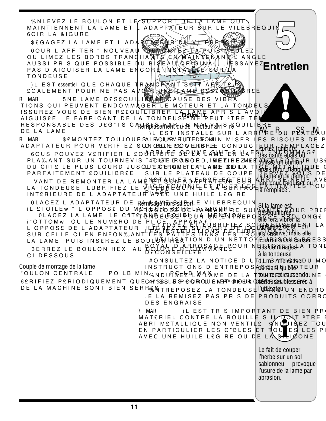 MTD 540-580 Series warranty Entretien, ’utilisateur, Lame la de montage de Couple, Saison hors Remisage 