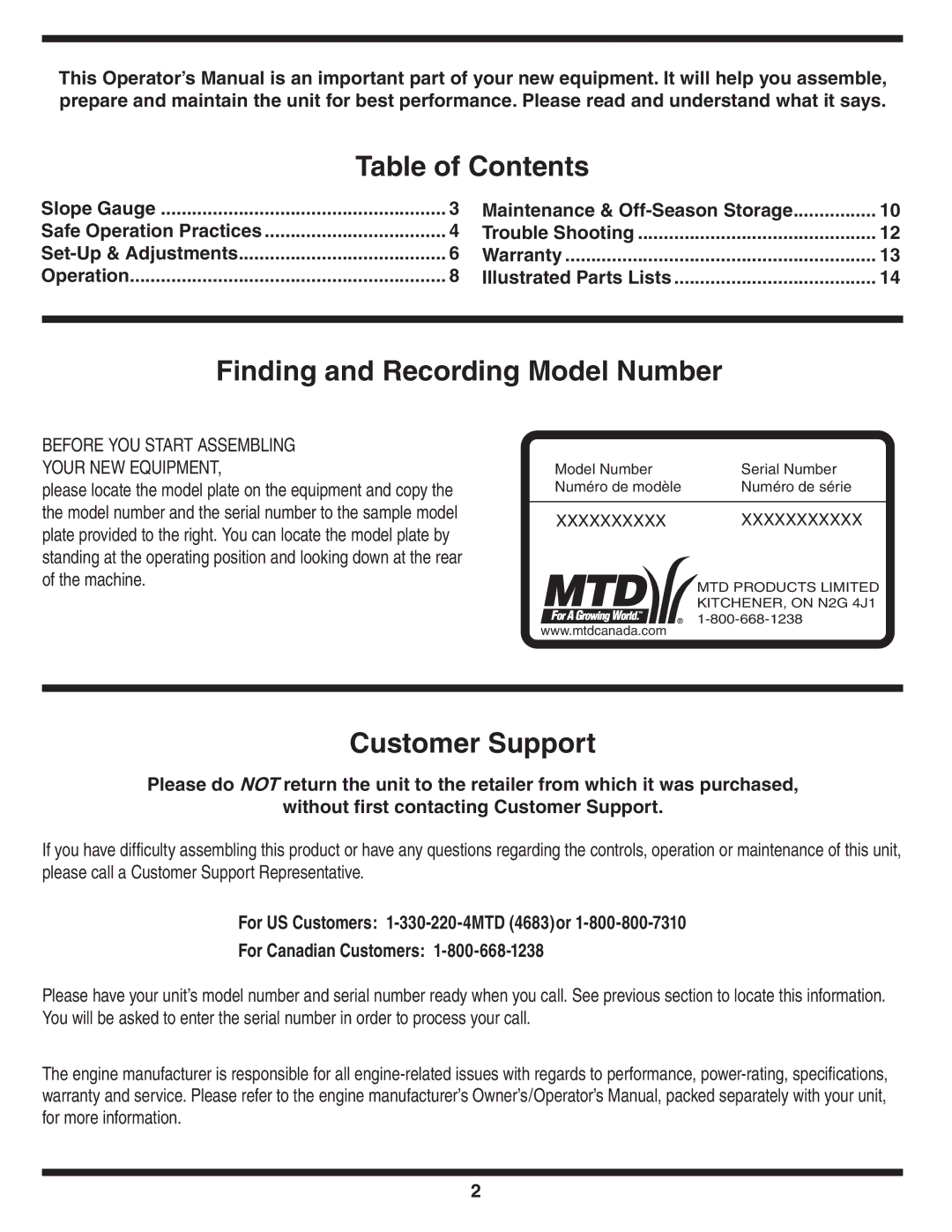 MTD 540-580 Series warranty Table of Contents, Finding and Recording Model Number, Customer Support 