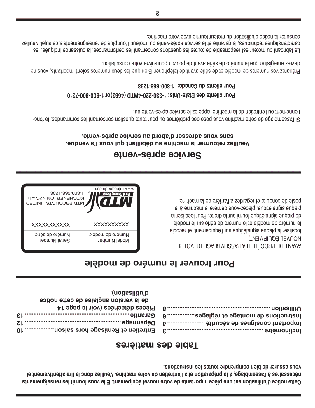 MTD 540-580 Series warranty Vente-après Service, Modèle de numéro le trouver Pour, Matières des Table 