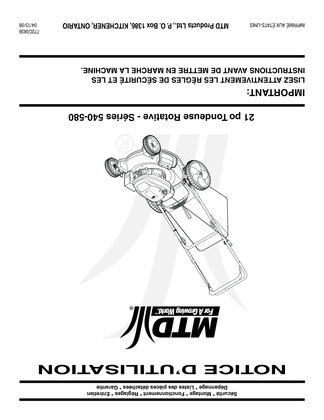 MTD 540-580 Series warranty ’UTILISATION Notice, Important 580-540 Séries Rotative Tondeuse po 