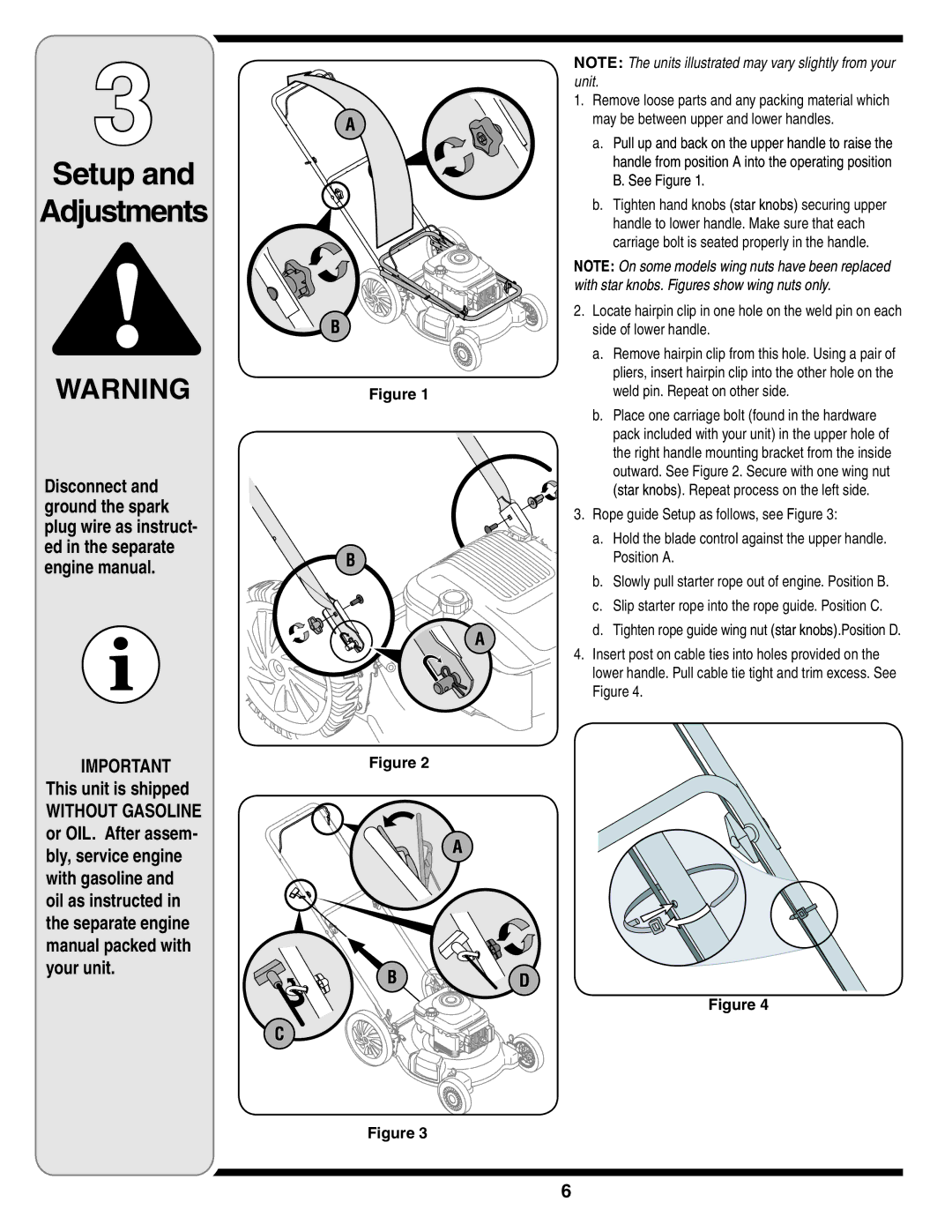 MTD 540-580 Series warranty Setup Adjustments, Tighten rope guide wing nut star knobs.Position D 