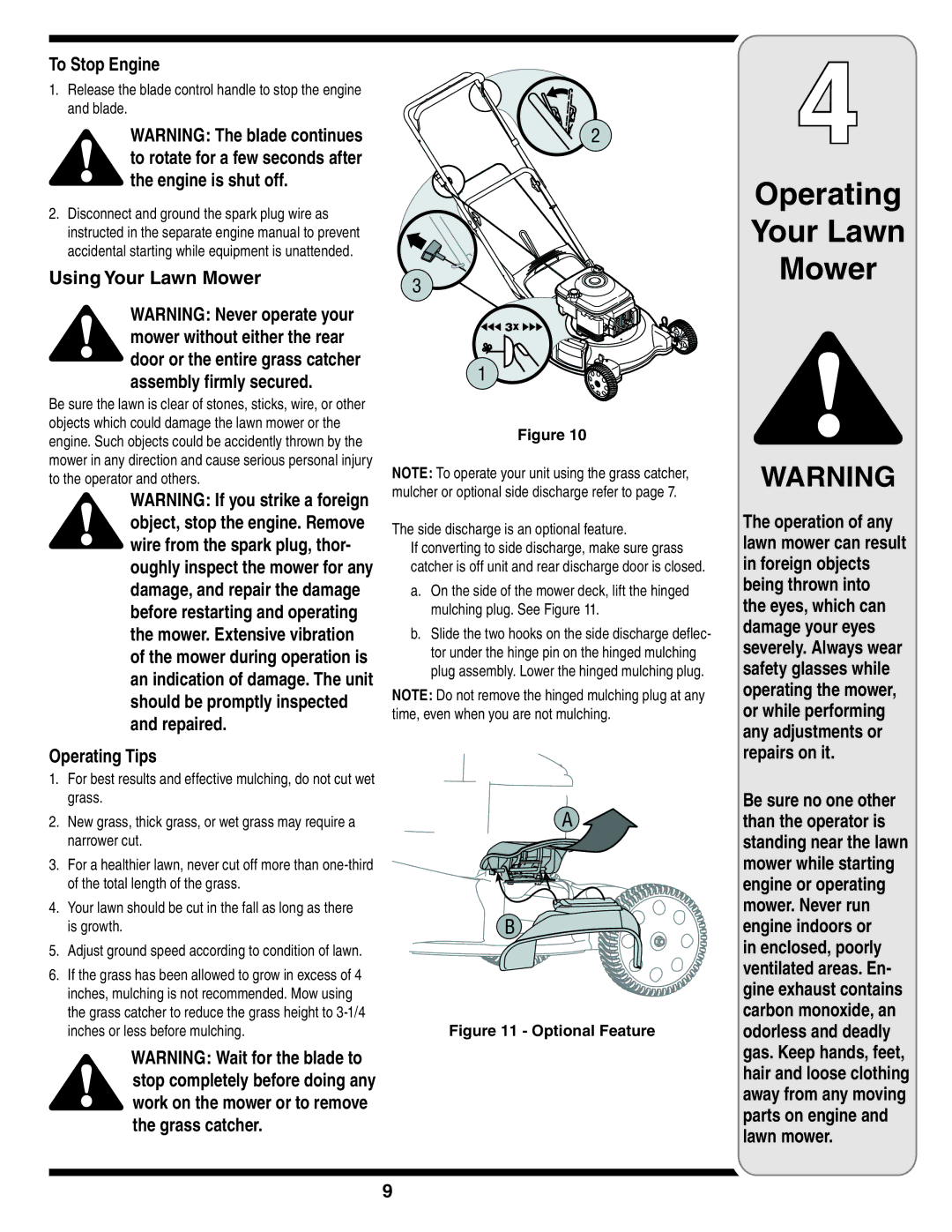 MTD 540-580 Series warranty To Stop Engine, Using Your Lawn Mower, Operating Tips, Side discharge is an optional feature 