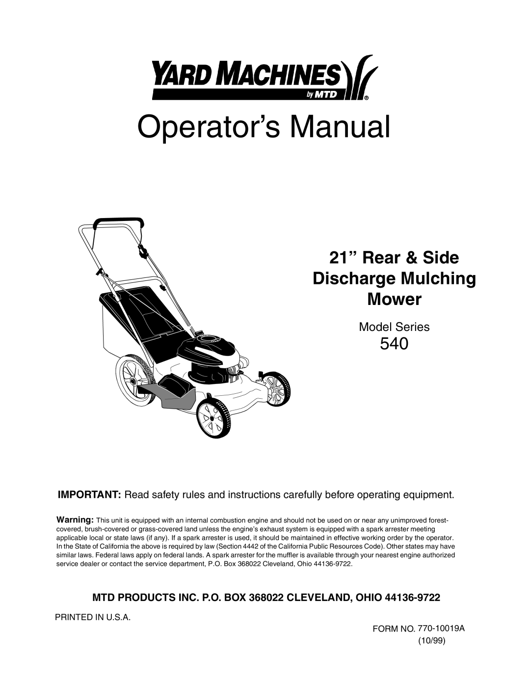 MTD 540 Series manual Operator’s Manual 