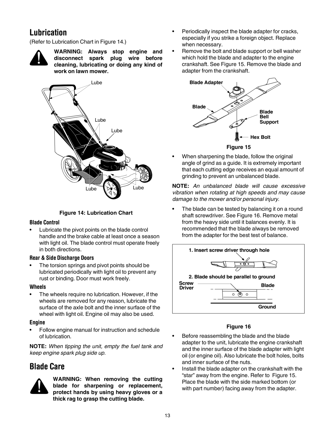 MTD 540 Series manual Lubrication, Blade Care 