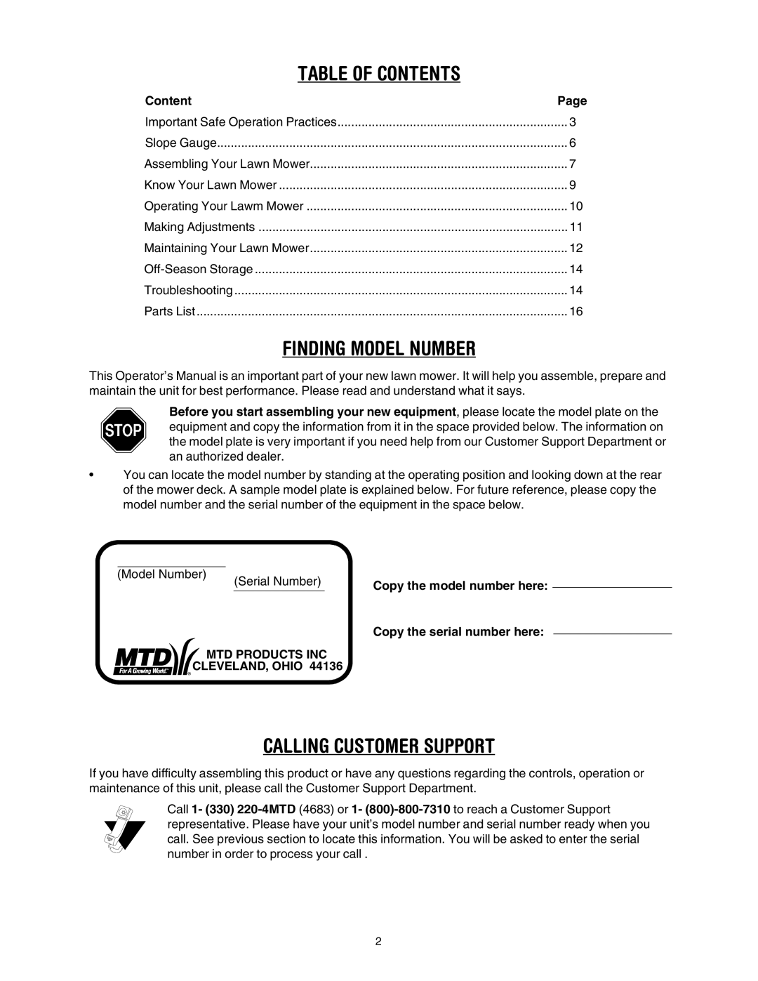 MTD 540 Series manual Table of Contents 