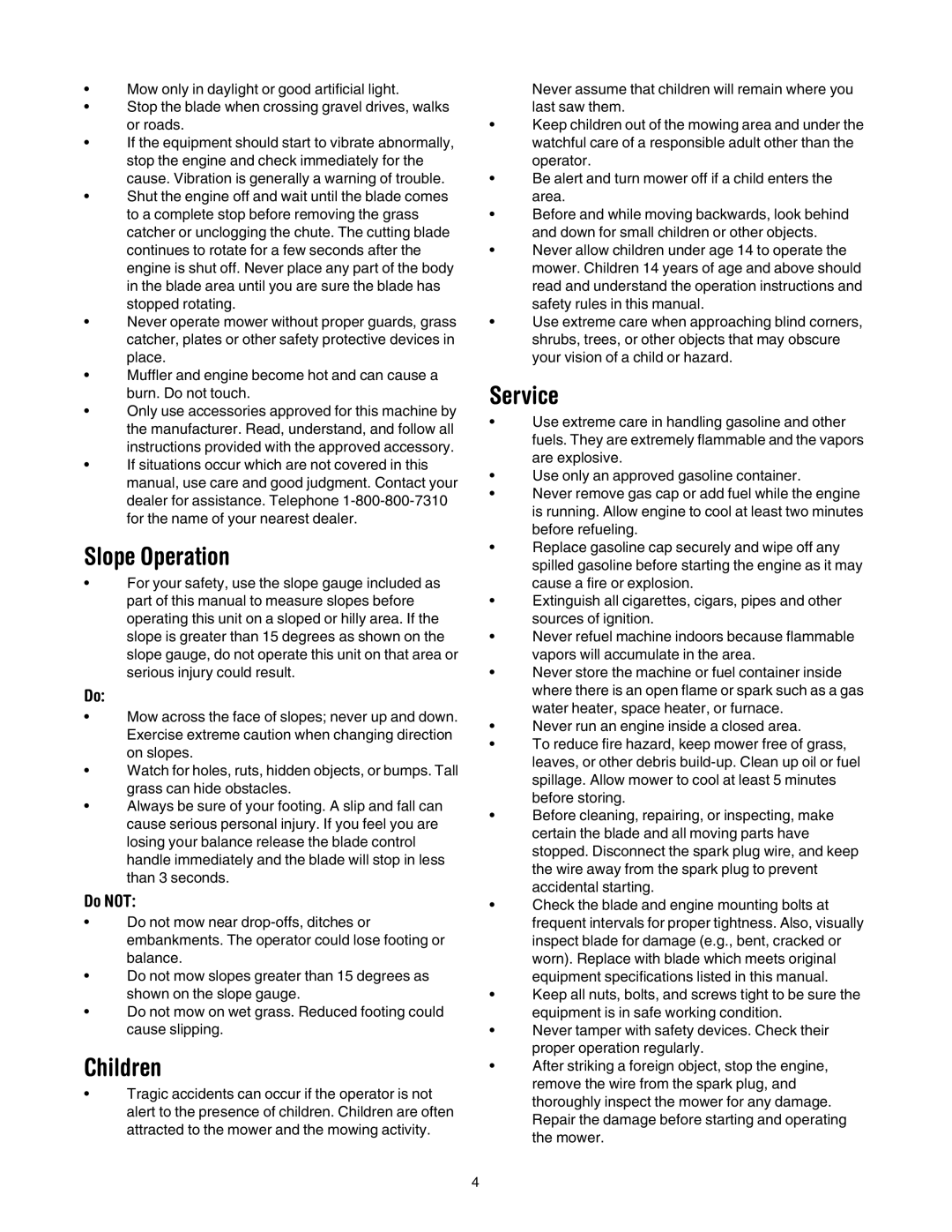 MTD 540 Series manual Slope Operation, Children, Service, Do not 