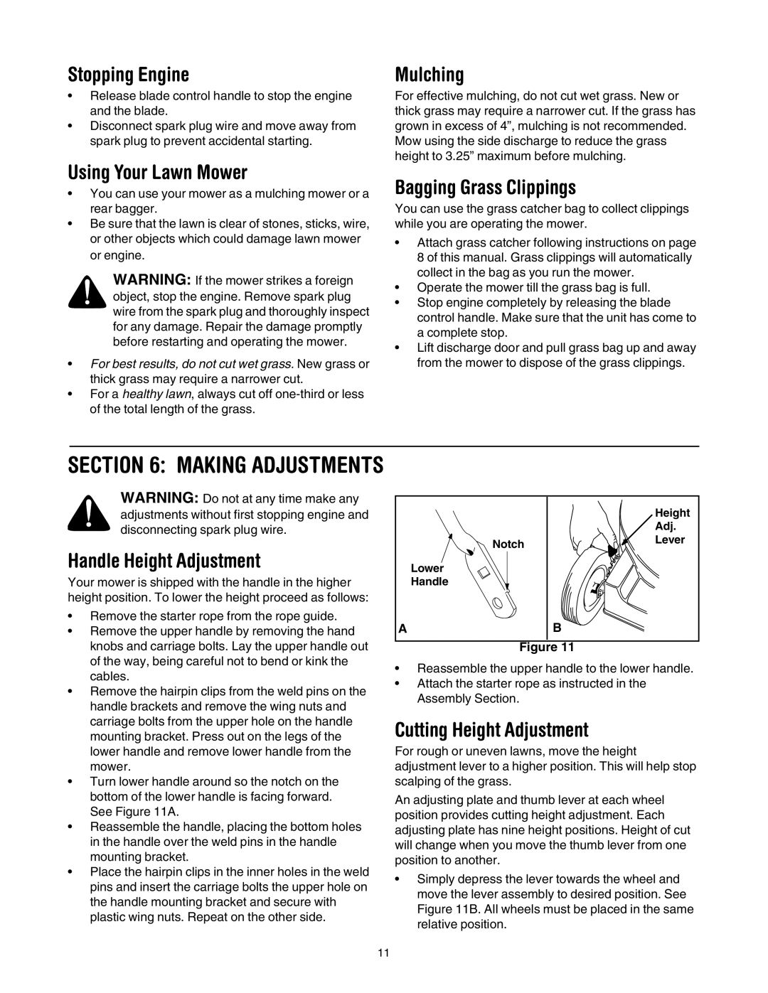 MTD 549 manual Stopping Engine, Mulching, Using Your Lawn Mower, Bagging Grass Clippings, Handle Height Adjustment 