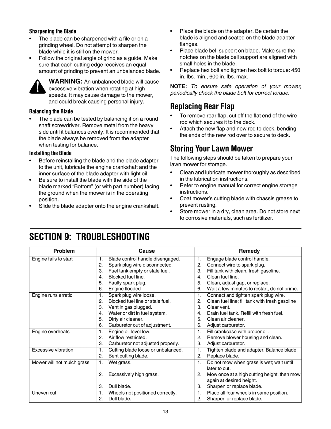 MTD 549 manual Troubleshooting, Replacing Rear Flap, Storing Your Lawn Mower 